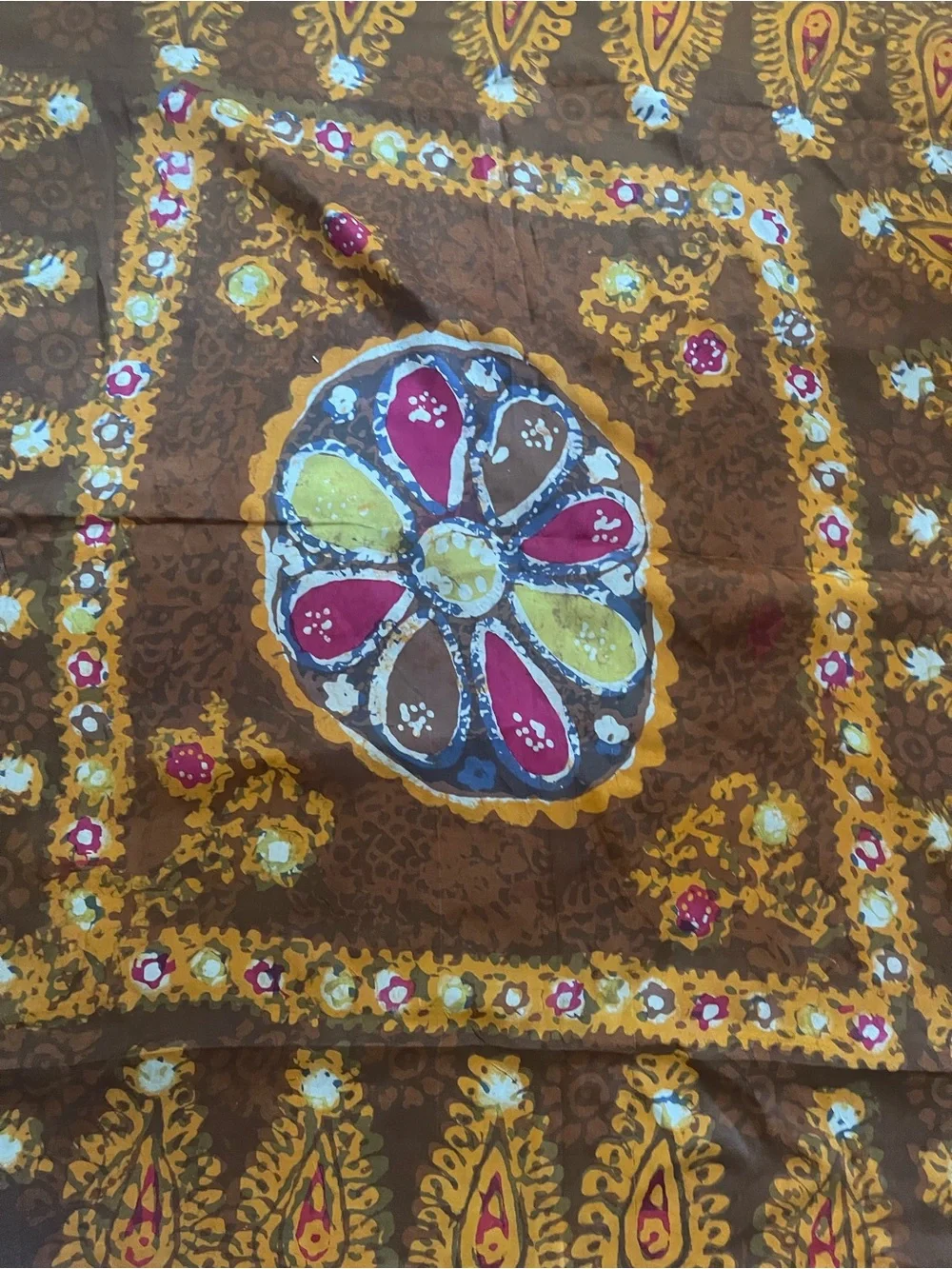 Vintage Pure Silk Govt Iran Paisley Square 45in scarf Brown Yellow Pink 70s